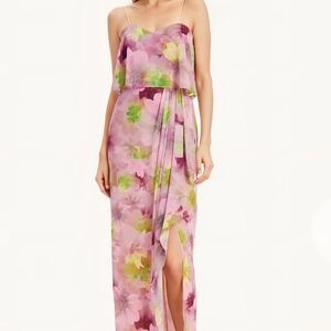 Badgley Mischka Strapless Floral Georgette Dress  Popover Bodice and Front Slit